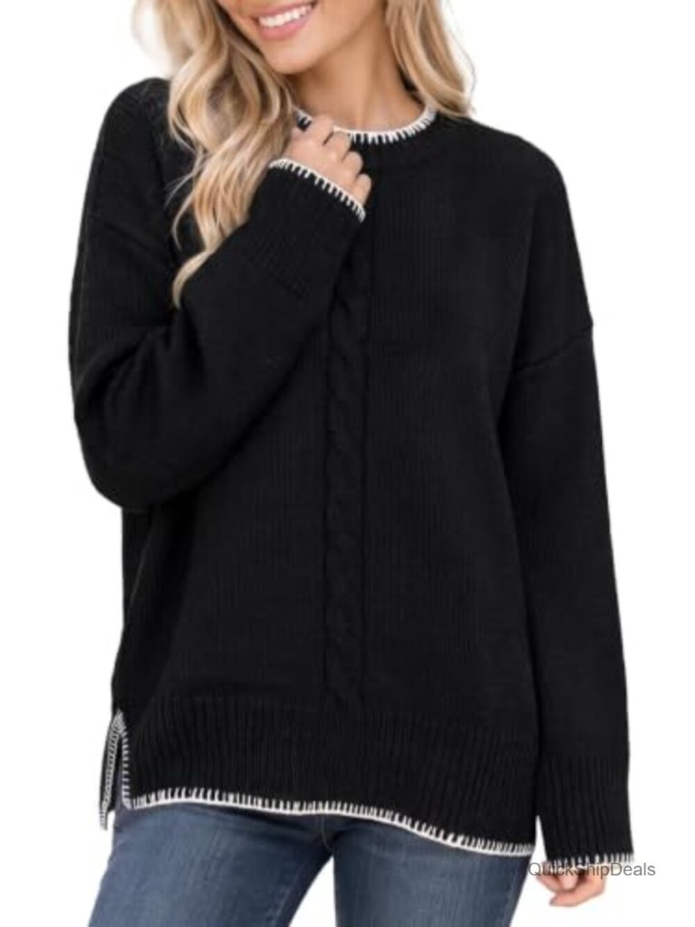 Women's Cable Knit Sweater Oversized Crew Neck Pullover Tunic